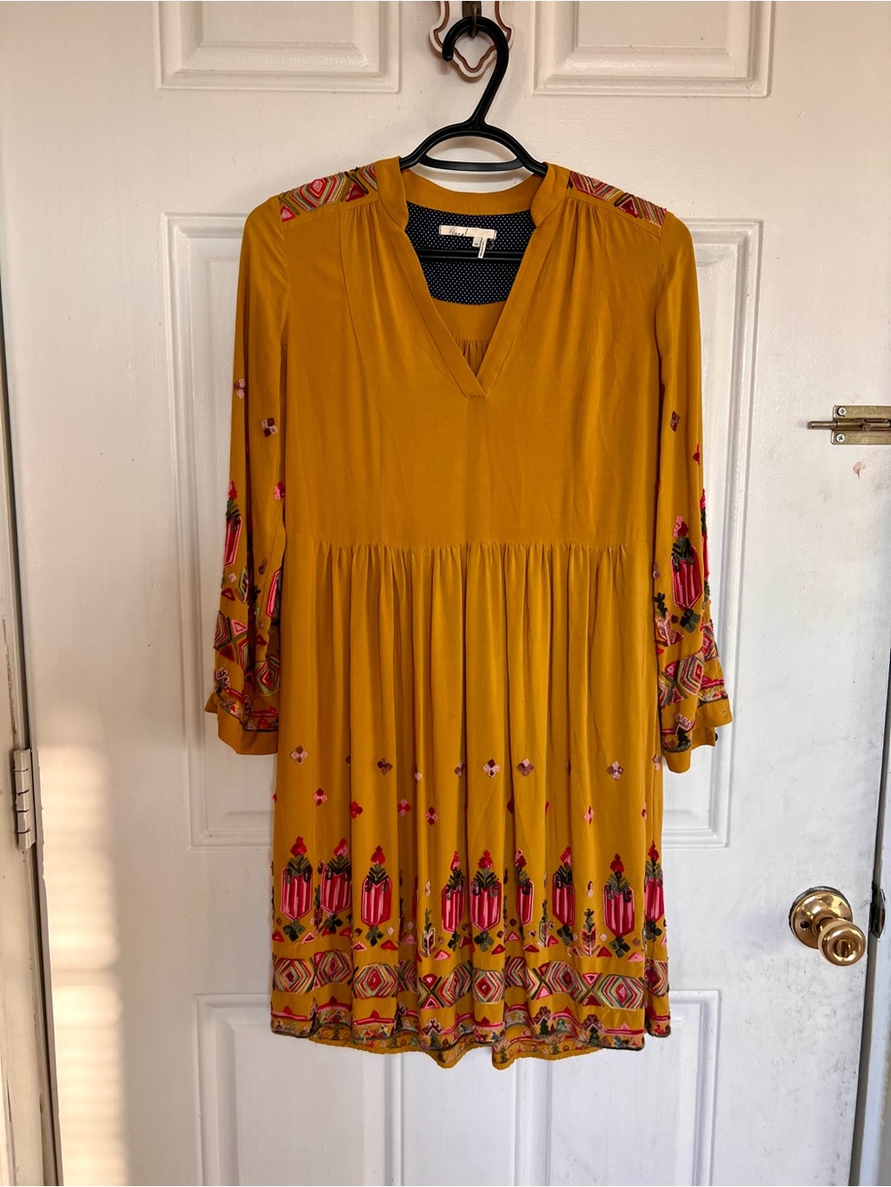 Floreat | Mustard Yellow Embroidered V-Neck Women’s Dress